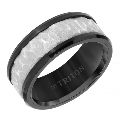 Triton Black Tungsten Carbide/Grey Center Engraved Band - Sz 10